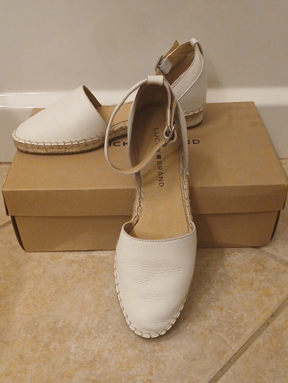 Lucky Brand White Leather Espadrille Ankle-Strap Flats